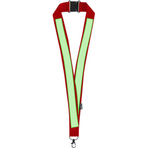 A red lanyard with reflective green stripes and a clip attachment. It features a branding logo.