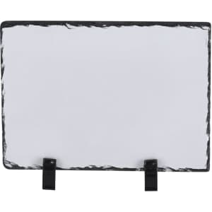 A rectangular, white sublimation plaque with a textured black edge and two black stands at the base.