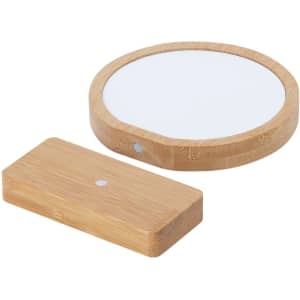 A round bamboo plaque with a smooth white surface and a rectangular base, both featuring a natural finish.