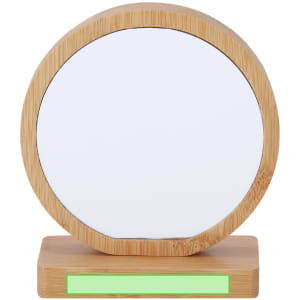 A round bamboo plaque with a smooth white surface and a green base for displaying awards or trophies.