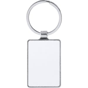 A silver keyring with a rectangular blank surface for customisation, featuring a simple circular attachment.