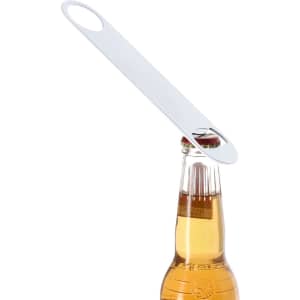 A drink bottle opener in silver, featuring a simple design with a hole for attachment and a smooth edge for cap removal.