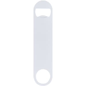 A white bottle opener with a large opening and a smaller cap remover at one end. Features a simple design and logo.