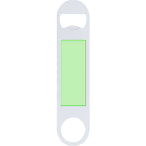 A drink bottle opener in white with a green rectangular insert, featuring a logo. Ideal for keyrings and tools.