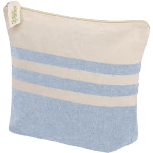 A toiletry bag with a cream and light blue striped design, featuring a zip closure and branding label.
