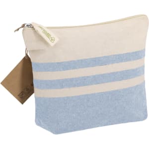 A toiletry bag in cream and light blue with horizontal stripes and a zipper closure. It features a small tag and a logo.
