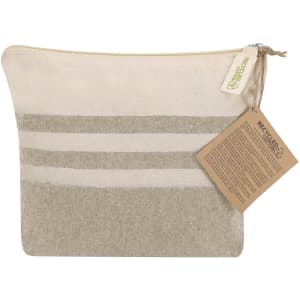 A toiletry bag in beige and light grey with stripes, featuring a zip closure and a tag. It has a logo.