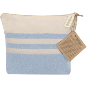 A toiletry bag featuring a blue and natural striped design, made from recycled materials, with a hanging tag.