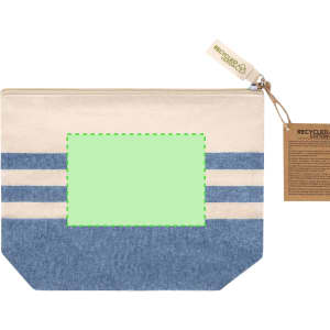A toiletry bag in beige and denim blue with a zip closure and a tag, featuring a logo.