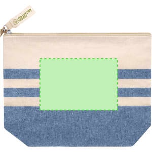 A toiletry bag featuring a cream and blue striped design, with a logo, and a blank rectangular area for personalisation.