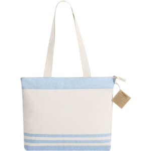 A tote bag in cream with a light blue top and stripes, featuring sturdy handles and a tag.