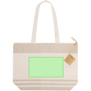 A tan and cream tote bag with two handles, featuring a blank area for customisation and a small tag attached.