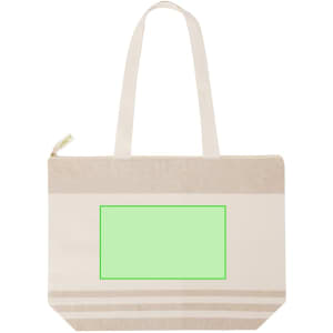 A beige tote bag with light beige stripes and a blank area for printing. It features two sturdy handles.