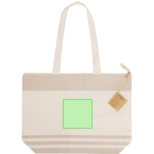 A tote bag in beige with a light cream stripe and a tag attached, featuring a blank area for design.