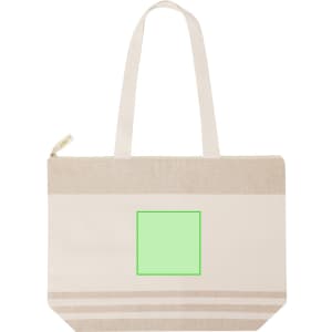A beige tote bag with light beige stripes and a logo area. It features two sturdy handles for carrying.