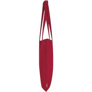 A red tote bag with a streamlined design and a single logo, featuring long straps for carrying.