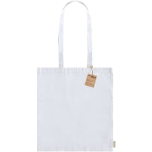 A light grey tote bag with long handles, featuring a tag and a logo. Ideal for carrying items.