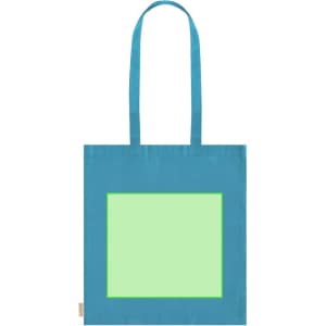 A bright blue tote bag featuring a large green accent panel and carrying handles. It has a logo on the side.