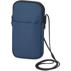 A blue multipurpose bag with a zippered compartment and a black strap for easy carrying. Features a logo on the surface.