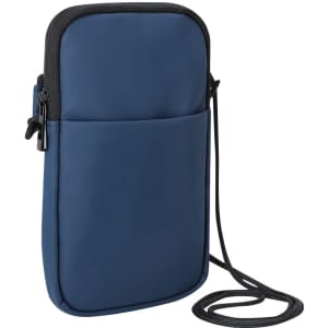 A navy blue multipurpose bag with a zippered closure and a strap for carrying, featuring a front pocket.