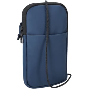 A navy blue multipurpose bag with a slim design, featuring a pocket and a detachable strap. It has a logo on the front.
