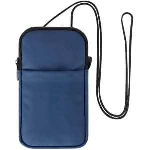 A multipurpose bag in navy blue with a black strap and a zippered compartment. It features a branding logo.