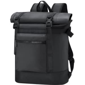A black Farinor backpack with a roll-top design, adjustable straps, and a front zip pocket.