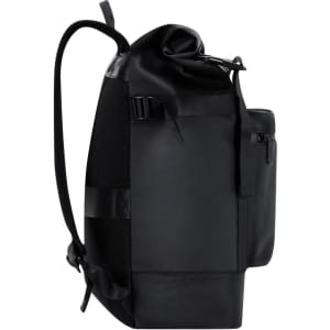 A black backpack with a roll-top closure and side mesh pocket, featuring adjustable straps and a branding logo.
