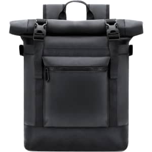 A black backpack with adjustable straps, a front zip pocket, and a roll-top closure. Features a logo on the front.
