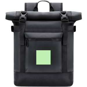A black backpack with a roll-top design, featuring adjustable straps and a front zippered pocket.