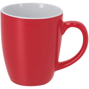 A red coffee mug with a smooth finish, featuring a white interior and a curved handle. It includes a logo.