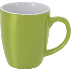 A green coffee mug with a glossy finish and a white interior, featuring a simple handle.