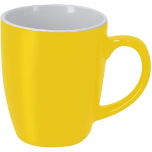 A yellow coffee mug with a white interior and a handle, featuring a branding logo.