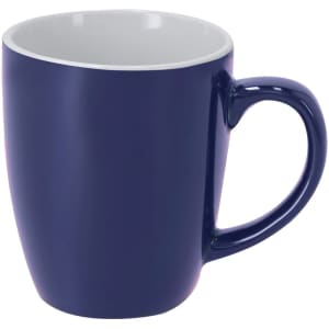 A coffee mug in navy blue with a glossy finish and a contrasting white interior. It features a simple handle and has branding.