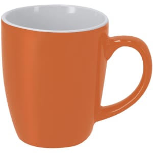 An orange coffee mug with a white interior and a curved handle, featuring a branding logo.