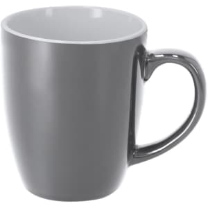 A coffee mug in a sleek grey colour with a smooth finish and a curved handle. It features a logo.