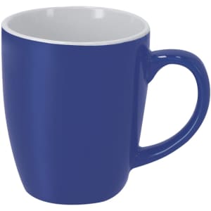 A coffee mug in a vibrant blue, featuring a rounded shape and a sturdy handle. It has a contrasting white interior.