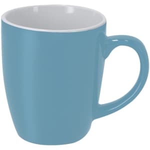 A coffee mug in a vibrant turquoise colour with a glossy finish and a large handle. Features a branding logo.