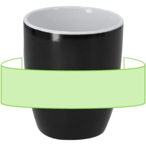 A coffee mug in black with a white interior, featuring a logo.