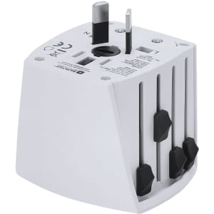 A compact white universal travel adapter with adjustable prongs for different plug types. It features a branding logo.