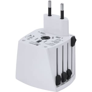 A white universal travel adapter with multiple plug options and a logo on the side.