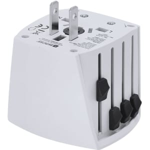 A white universal travel adapter with multiple plug options and a logo on the side.