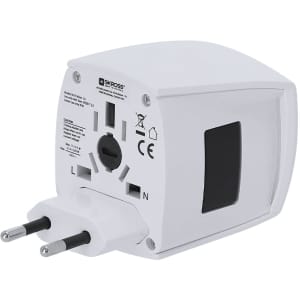 A white universal travel adapter with multiple plug options and a logo on the side, designed for international use.