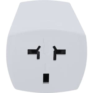 A white travel adapter with multiple input options and a logo, designed for universal use.