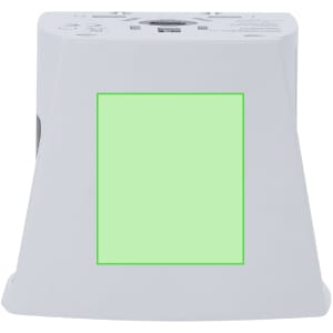 A white travel adapter with various plug options and a logo on its surface.
