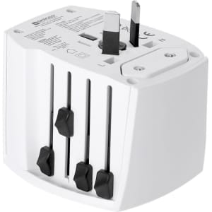 A travel adapter in white with multiple adjustable plug types and a logo, designed for universal use.