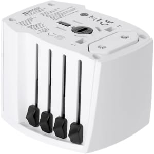 A white universal travel adapter with multiple plug configurations and a USB port, featuring a branding logo.