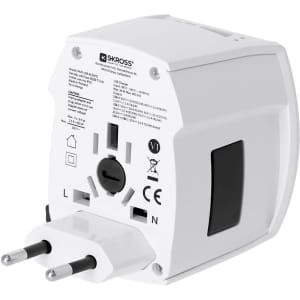 A white universal travel adapter featuring multiple ports and a logo, designed for international use.