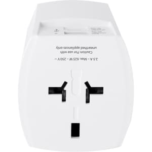 A white universal travel adapter with multiple plug configurations and a logo on the side.