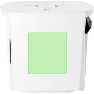 A white universal travel adapter with multiple socket options and a branding logo on the side.